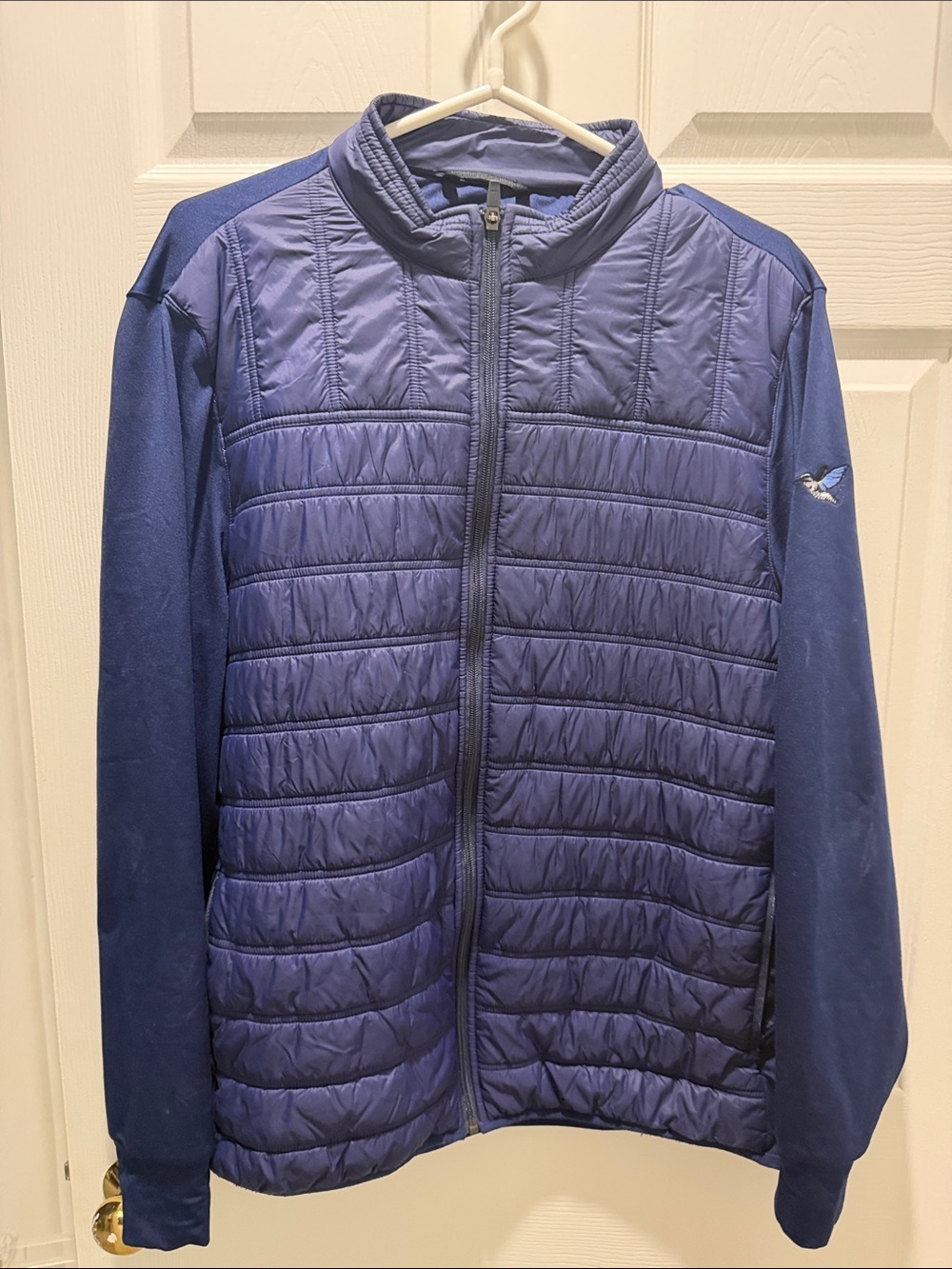 Straight Down Men's Quilted Hybrid Puffer Jacket in Deep Blue